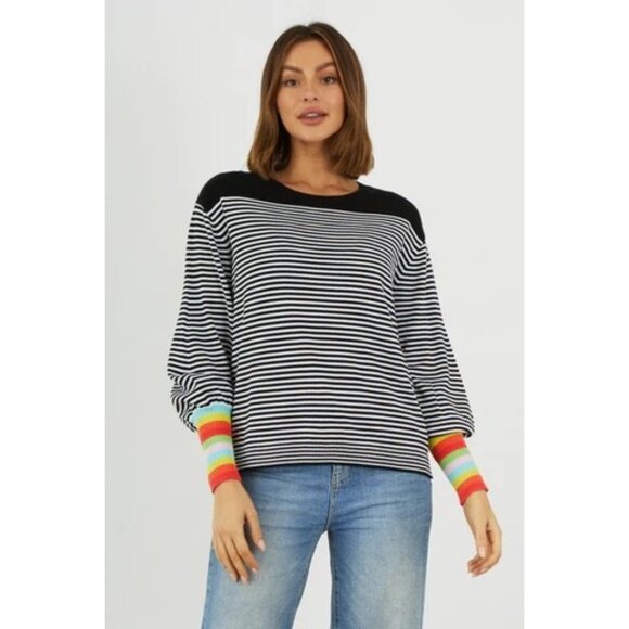 Zaket & Plover Sweaters - Zaket & Plover Breton Stripe Sweater Rainbow Cuffs Black White Knit Size Small